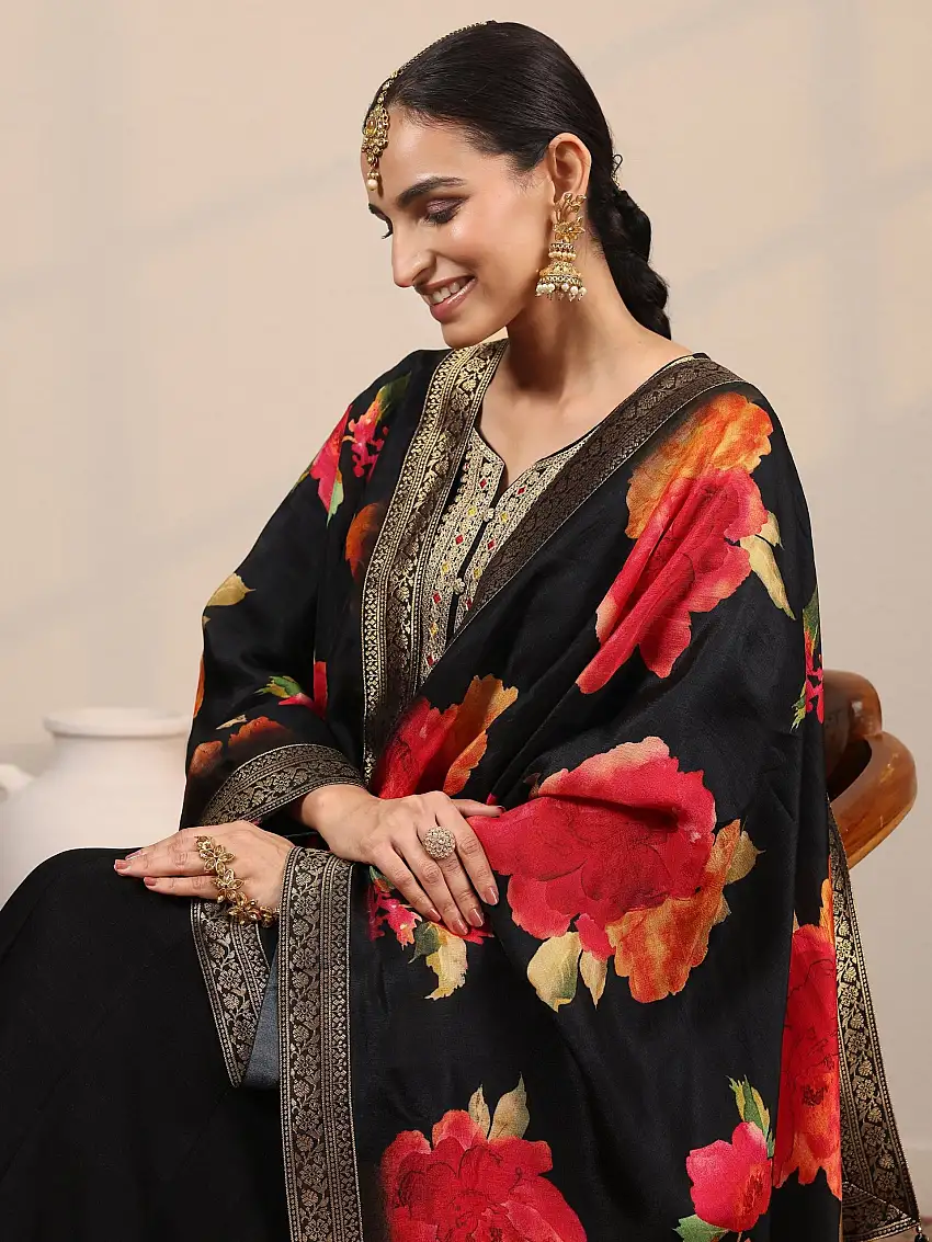 Black Embroidered Silk Blend A-Line Gown With Dupatta