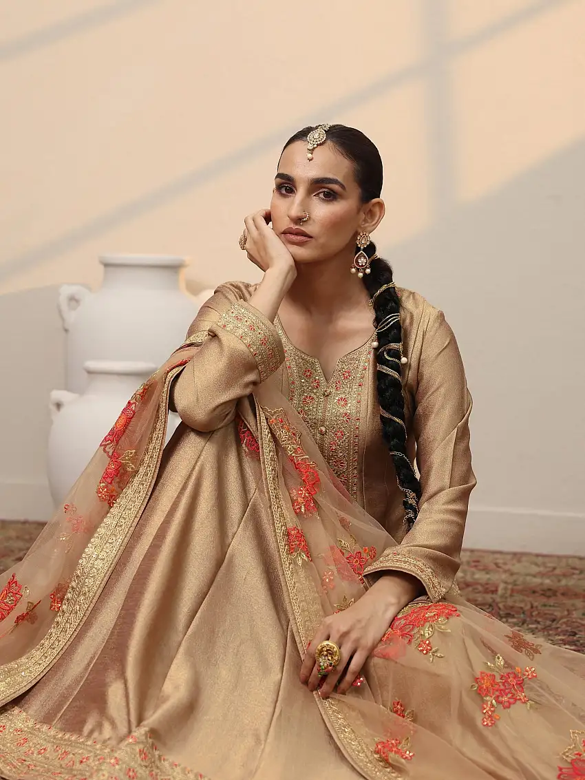 Taupe Embroidered Silk Blend A-Line Gown With Dupatta