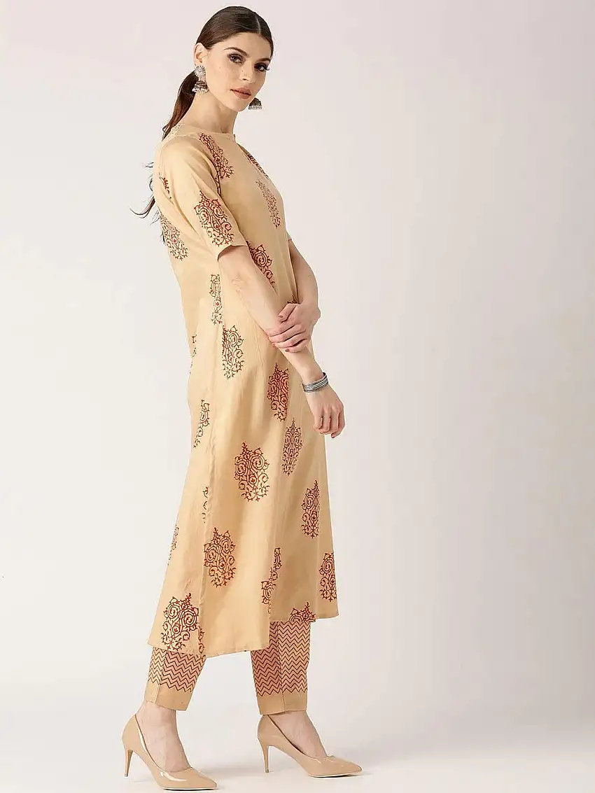 Beige Printed Cotton Kurta Set