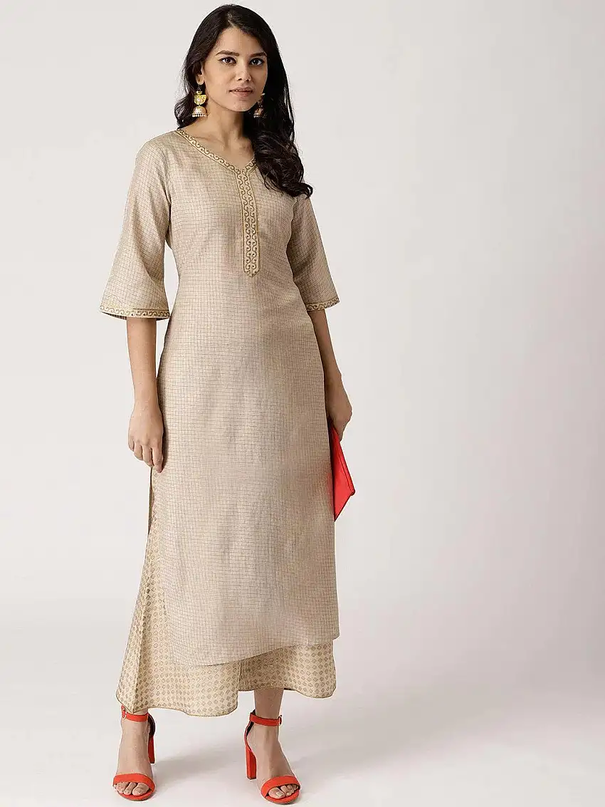 Beige Checkered Chanderi Kurta Set