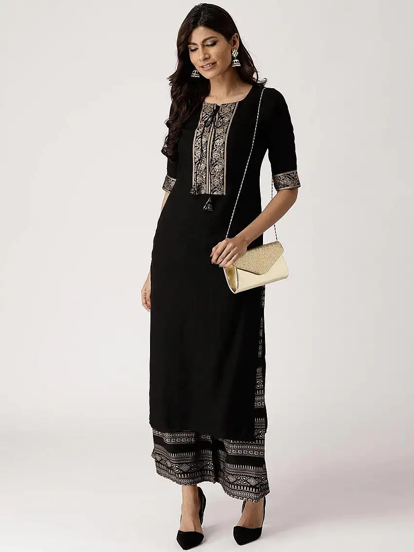Black Solid Rayon Kurta Set