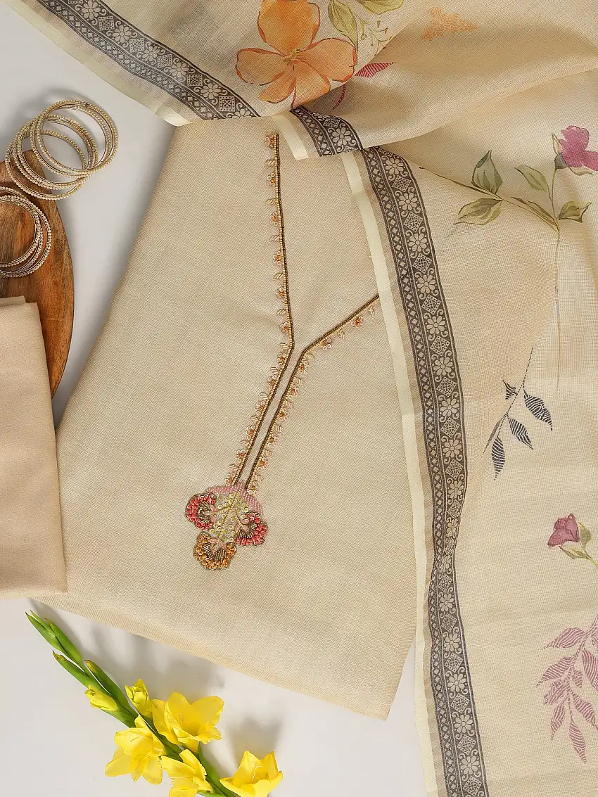 Beige Embellished Cotton Blend Dress Material With Dupatta