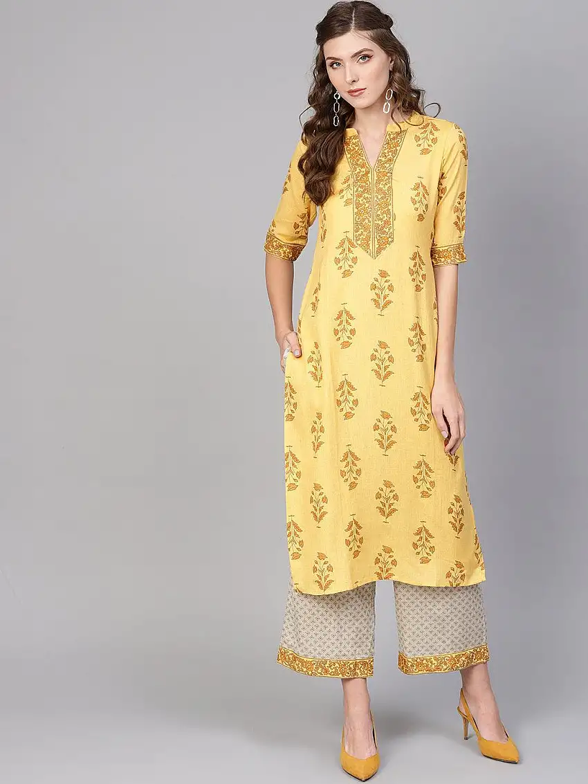 Yellow Printed Cotton Kurta Set