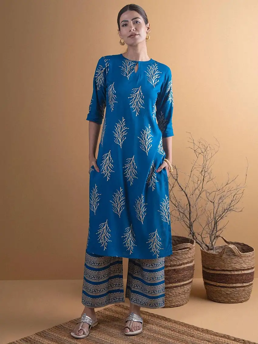 Blue Printed Cotton Kurta Set