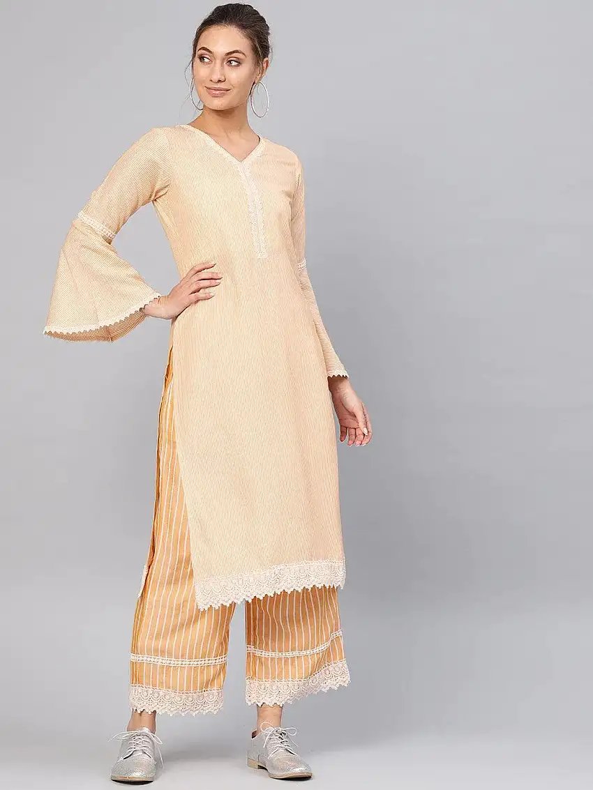 Yellow Striped Cotton Kurta Set