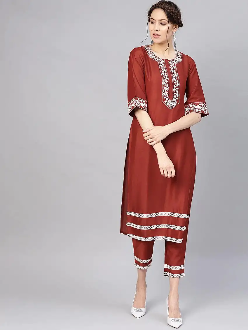 Rust Embroidered Silk Kurta Set