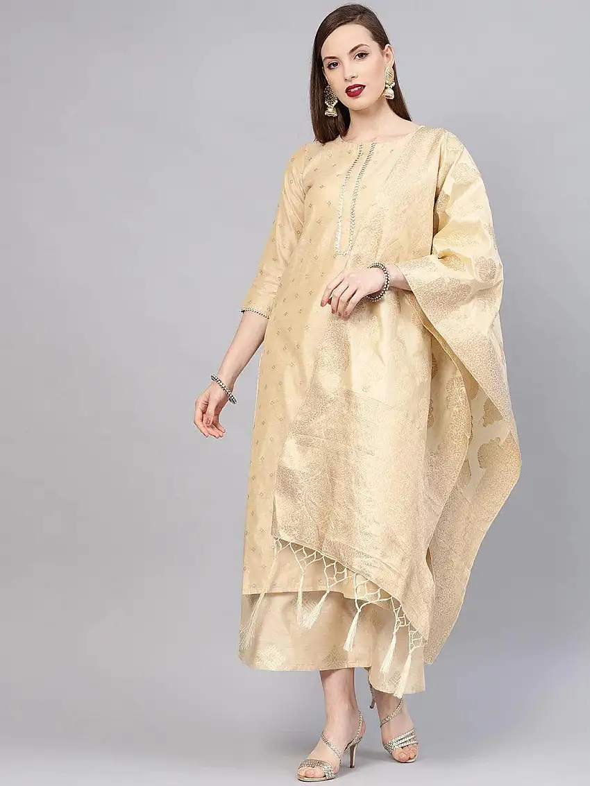 Beige Embroidered Chanderi Suit Set