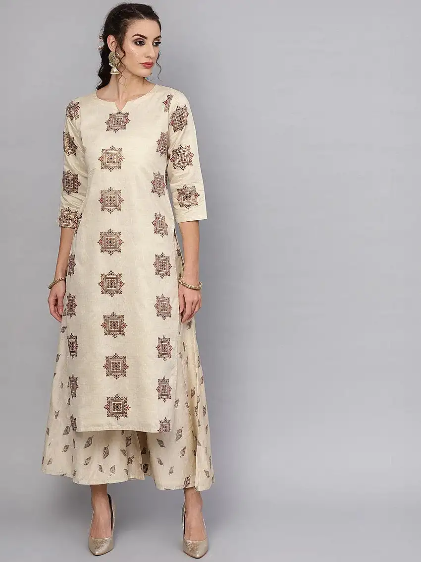 Beige Embroidered Chanderi Kurta Set