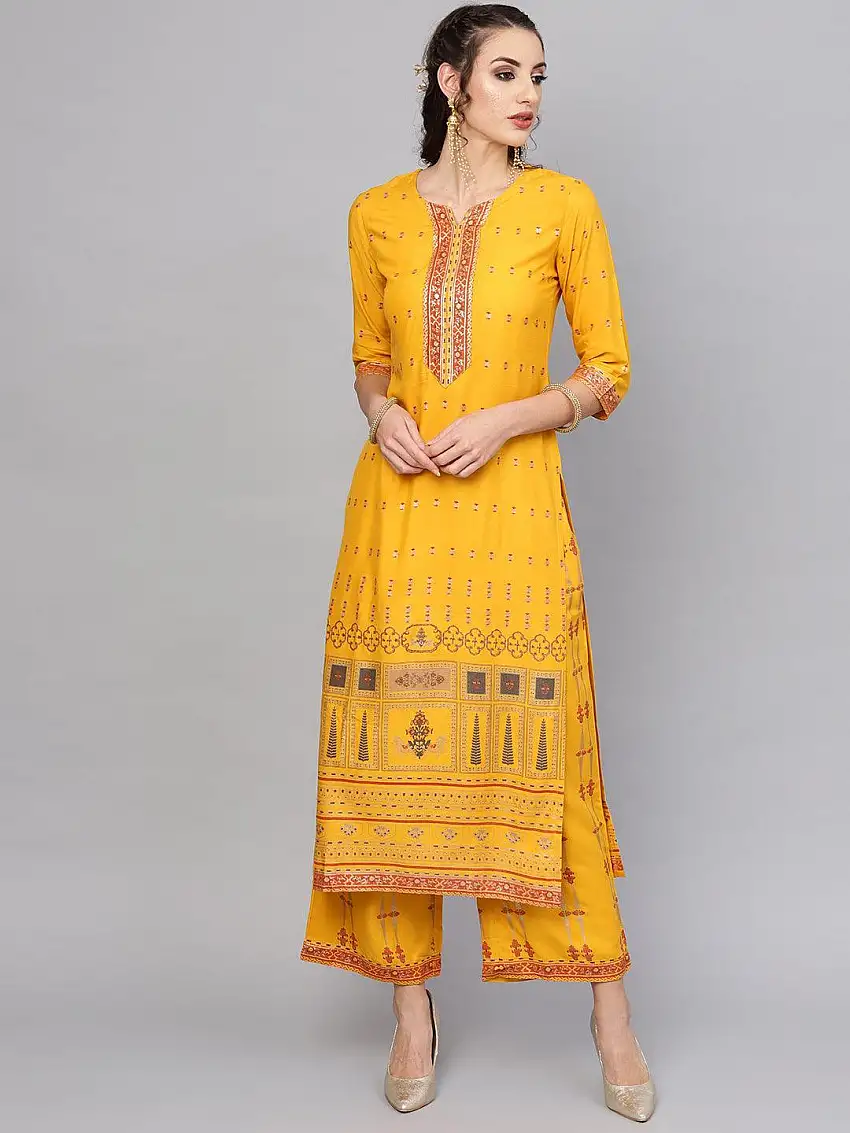 Yellow Printed Rayon Kurta Set