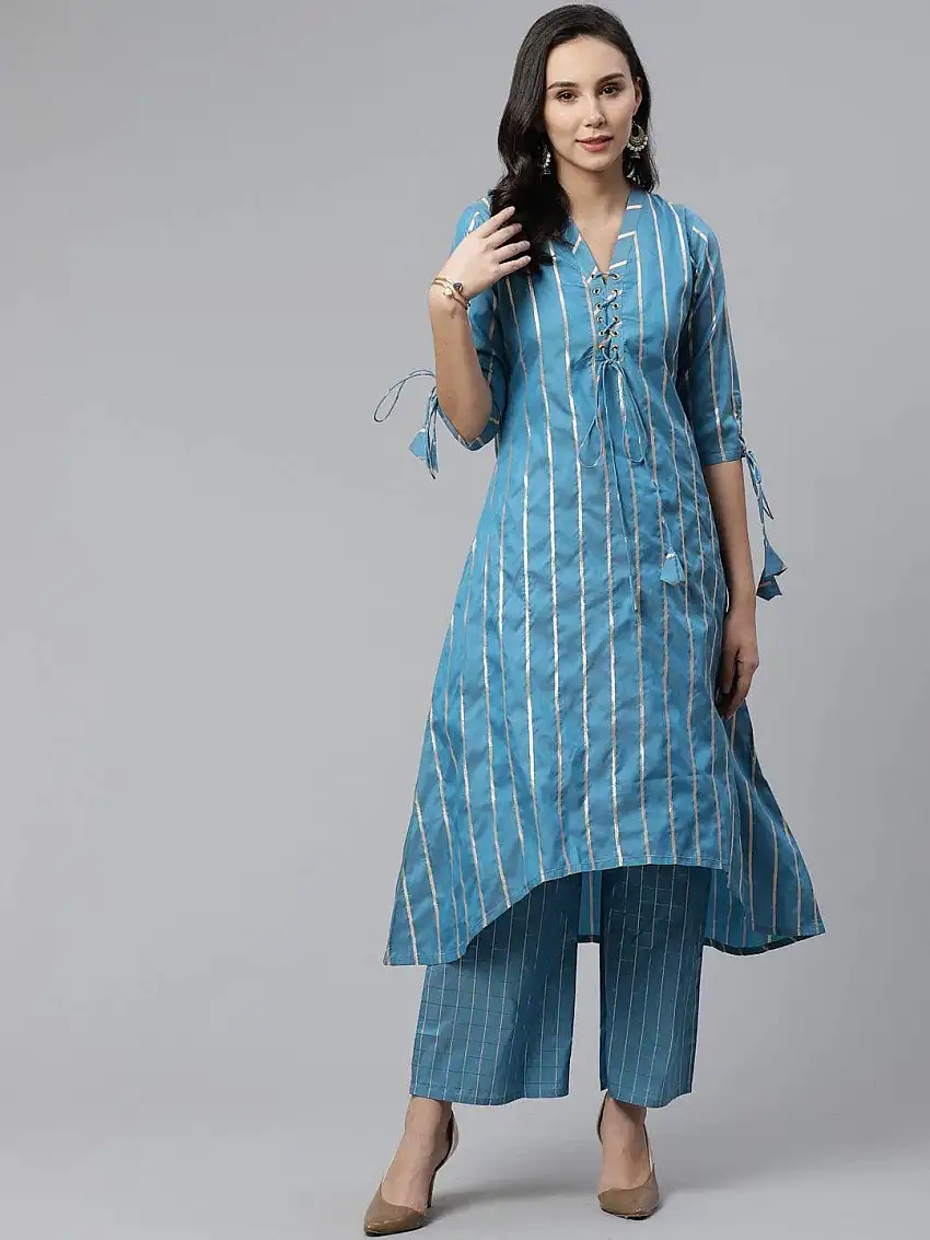 Blue Striped Chanderi Kurta Set