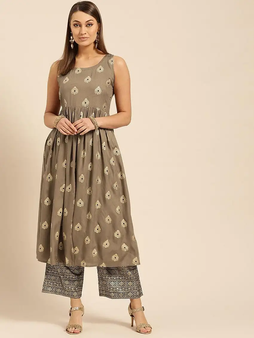Taupe Printed Rayon Kurta Set