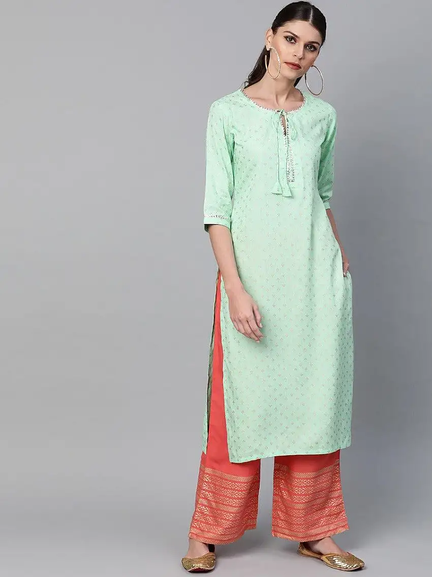 Sea Green Printed Rayon Kurta Set