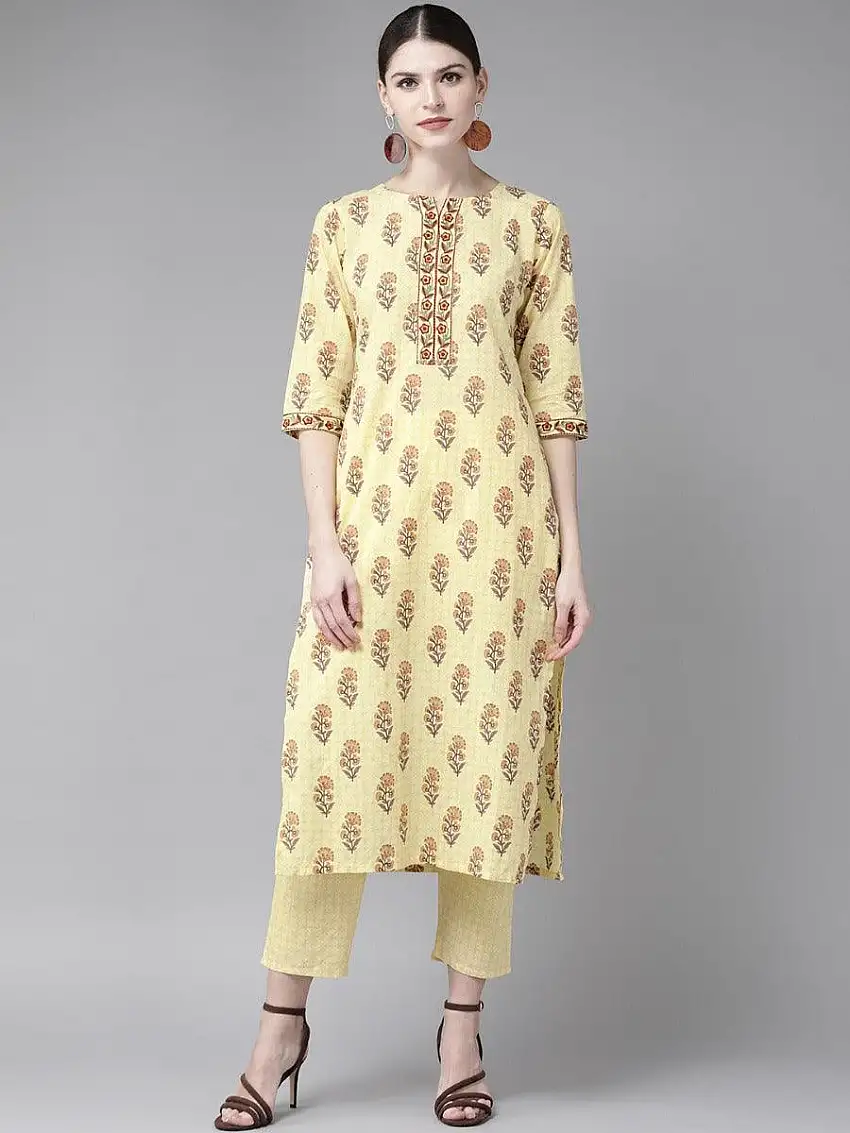 Yellow Printed Cotton Kurta Set