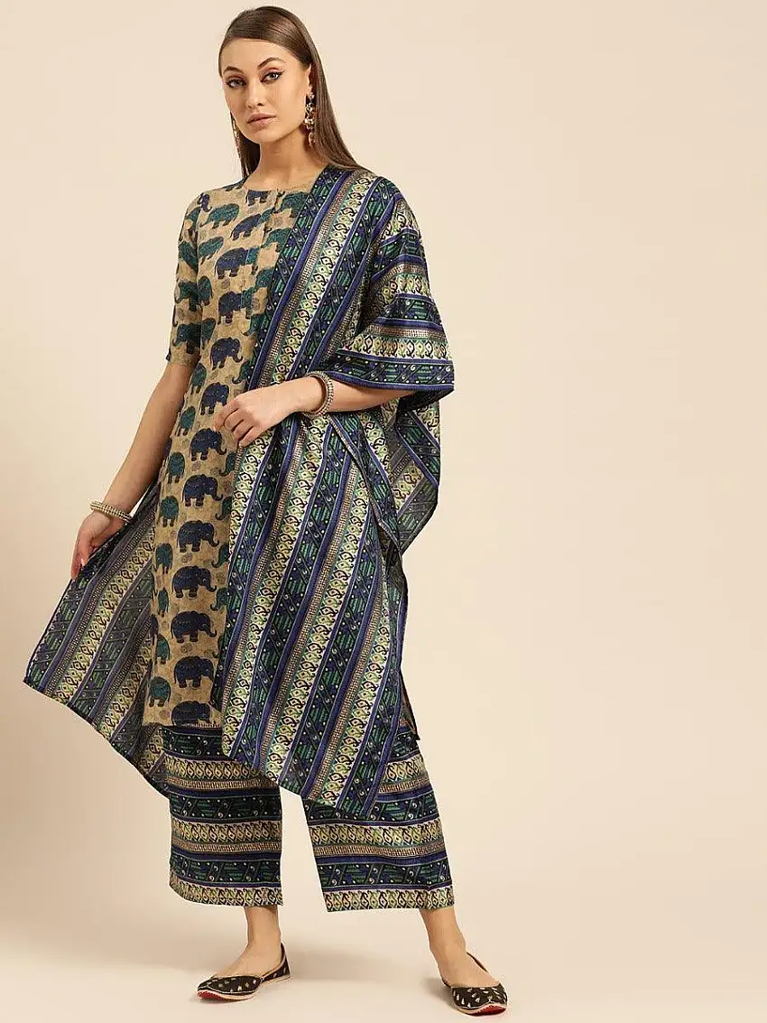 Blue Self Design Chanderi Suit Set