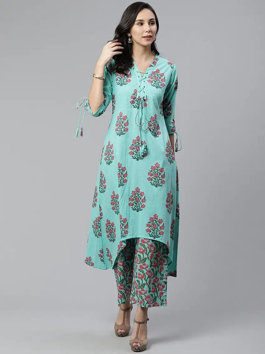 Blue Printed Cotton Kurta Set