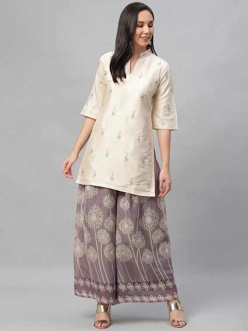 Beige Embroidered Chanderi Kurta Set