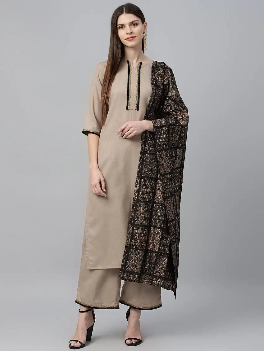 Beige Solid Cotton Suit Set