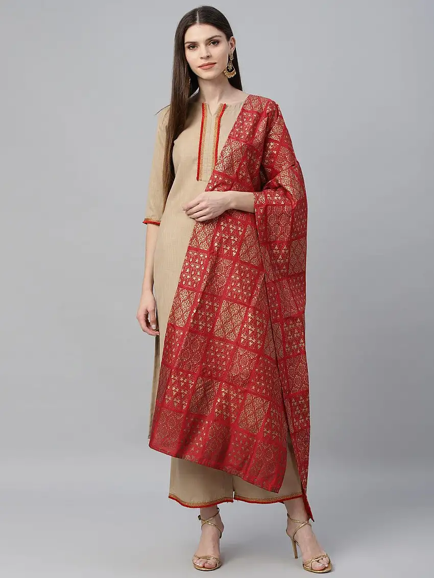 Beige Solid Cotton Suit Set