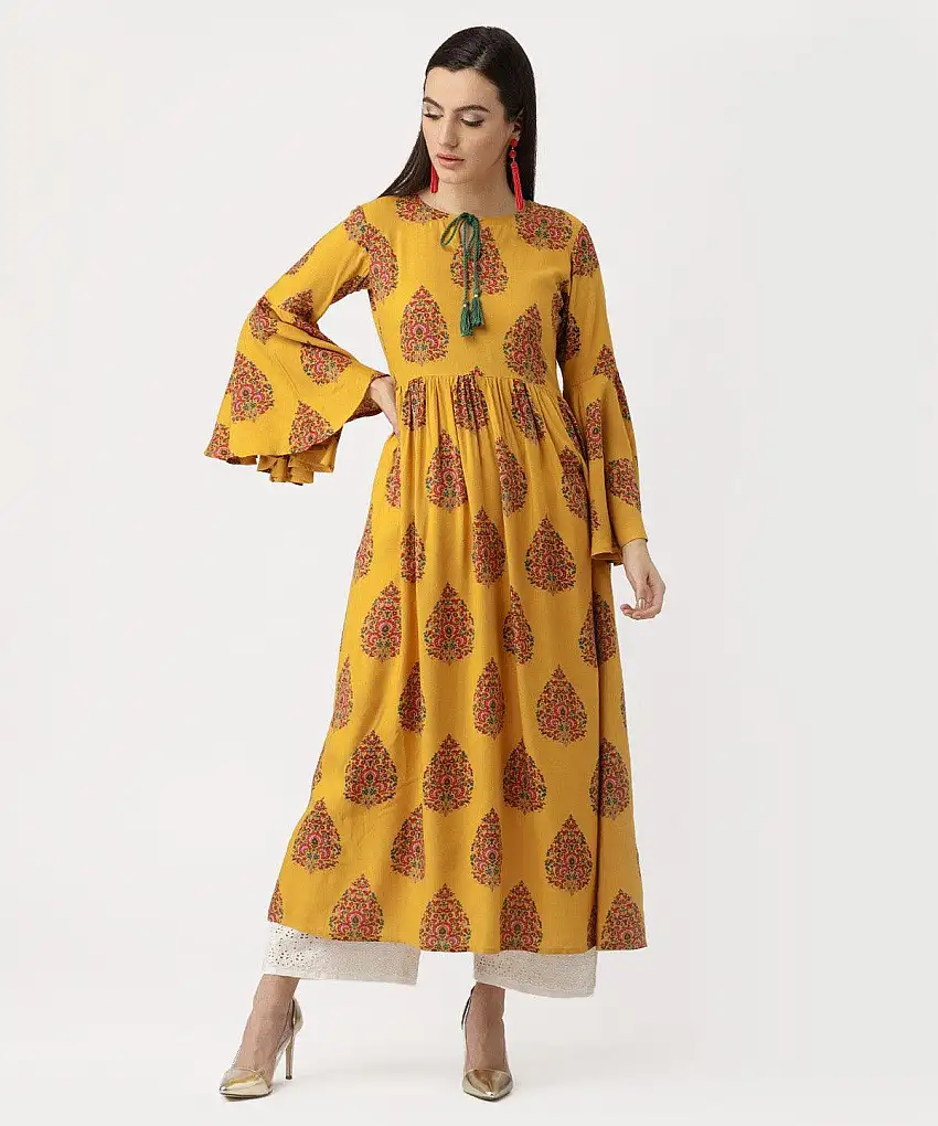 Yellow Printed Rayon Kurta