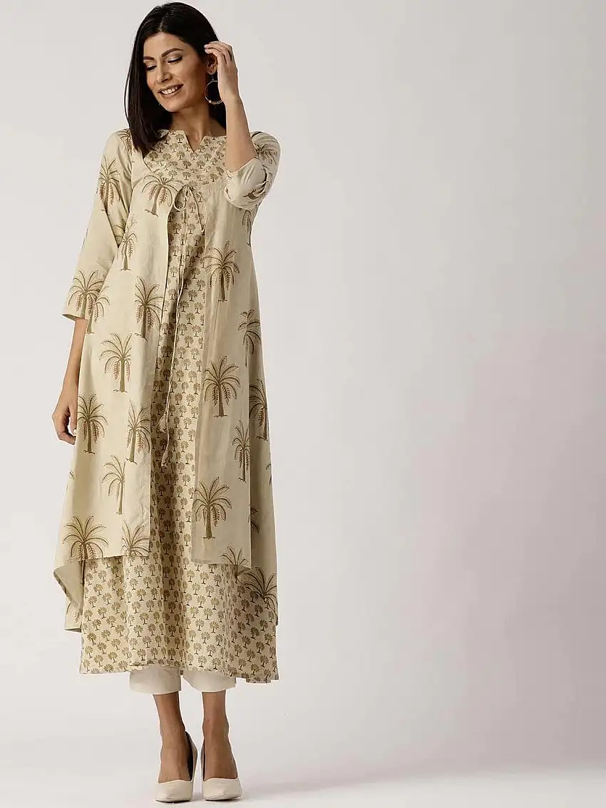 Beige Printed Cotton Kurta With Jacket