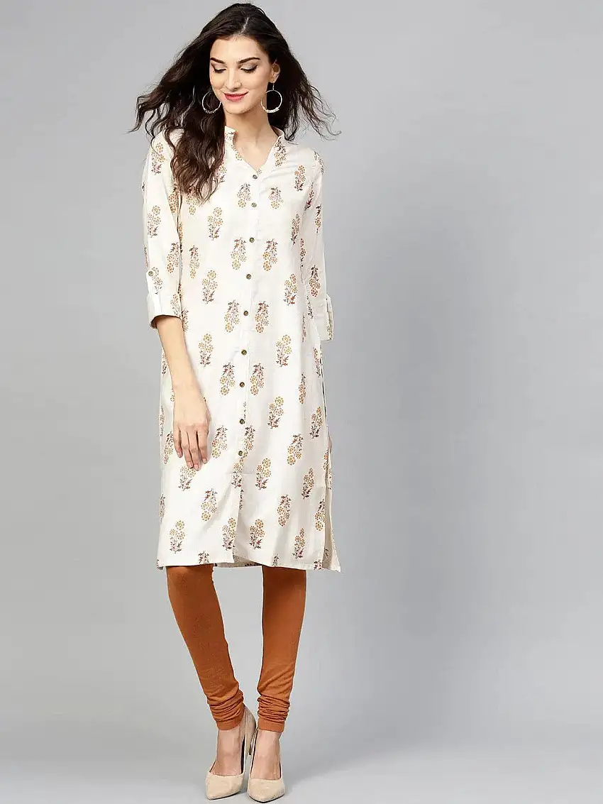 Beige Printed Cotton Kurta