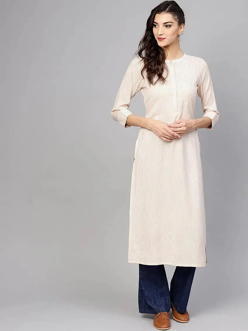 Beige Striped Rayon Kurta