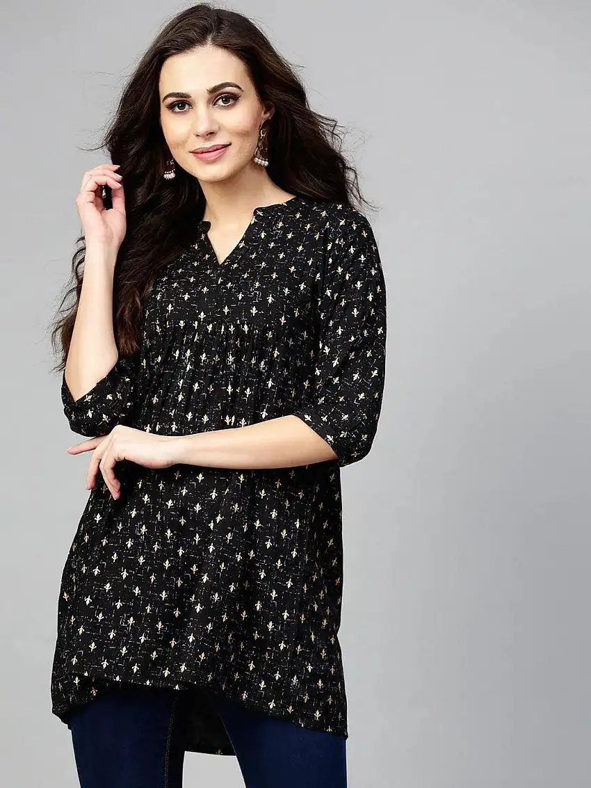 Black Printed Rayon Kurti
