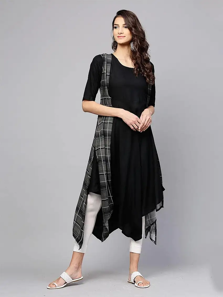 Black Solid Rayon Kurta With Jacket