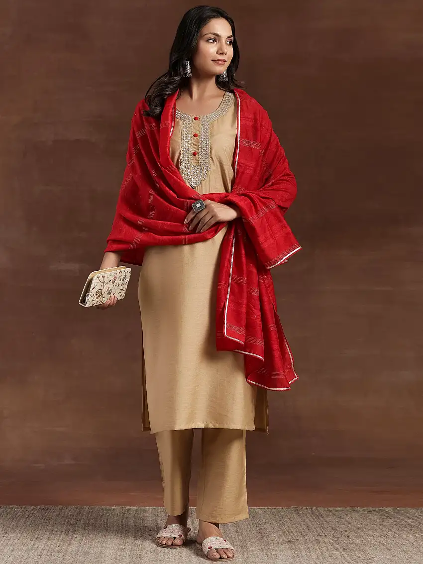 Beige Yoke Design Silk Blend Straight Kurta With Trousers & Dupatta