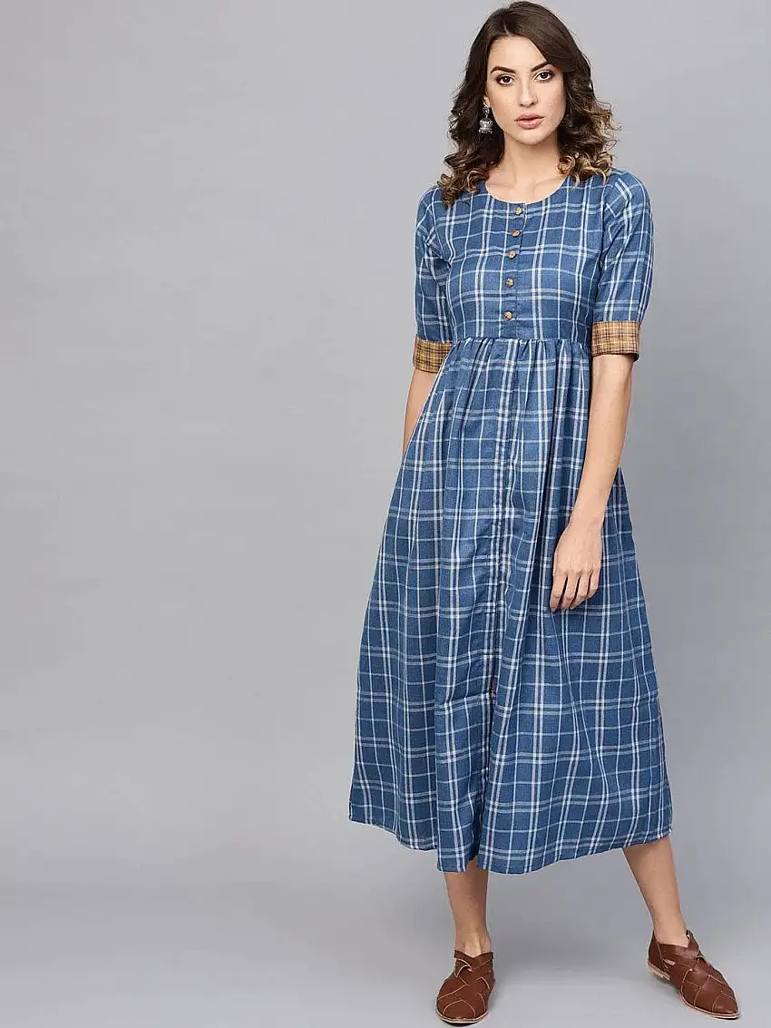 Blue Checkered Cotton Dress