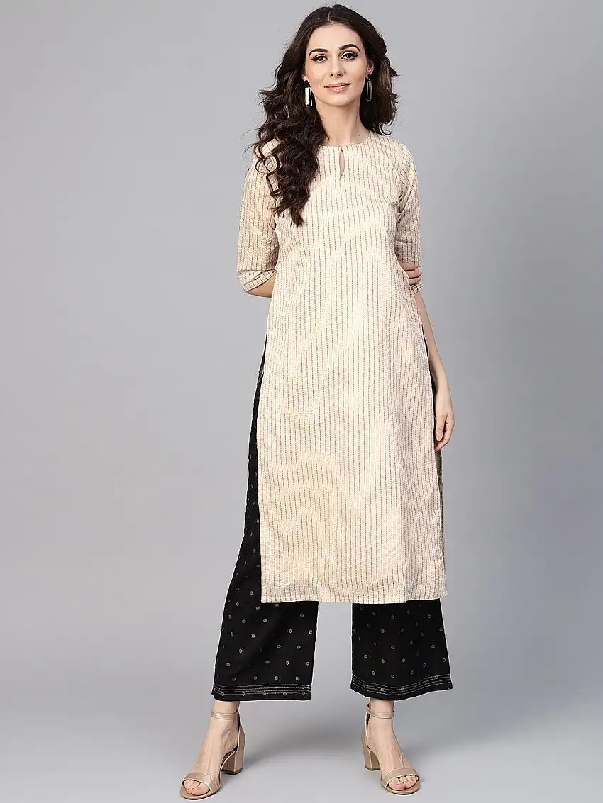 Beige Striped Chanderi Kurta