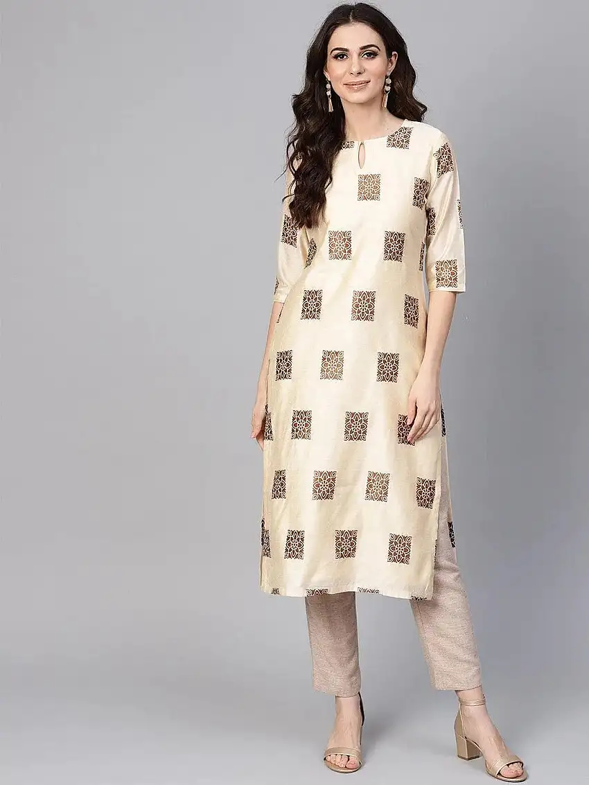 Beige Woven Design Chanderi Kurta