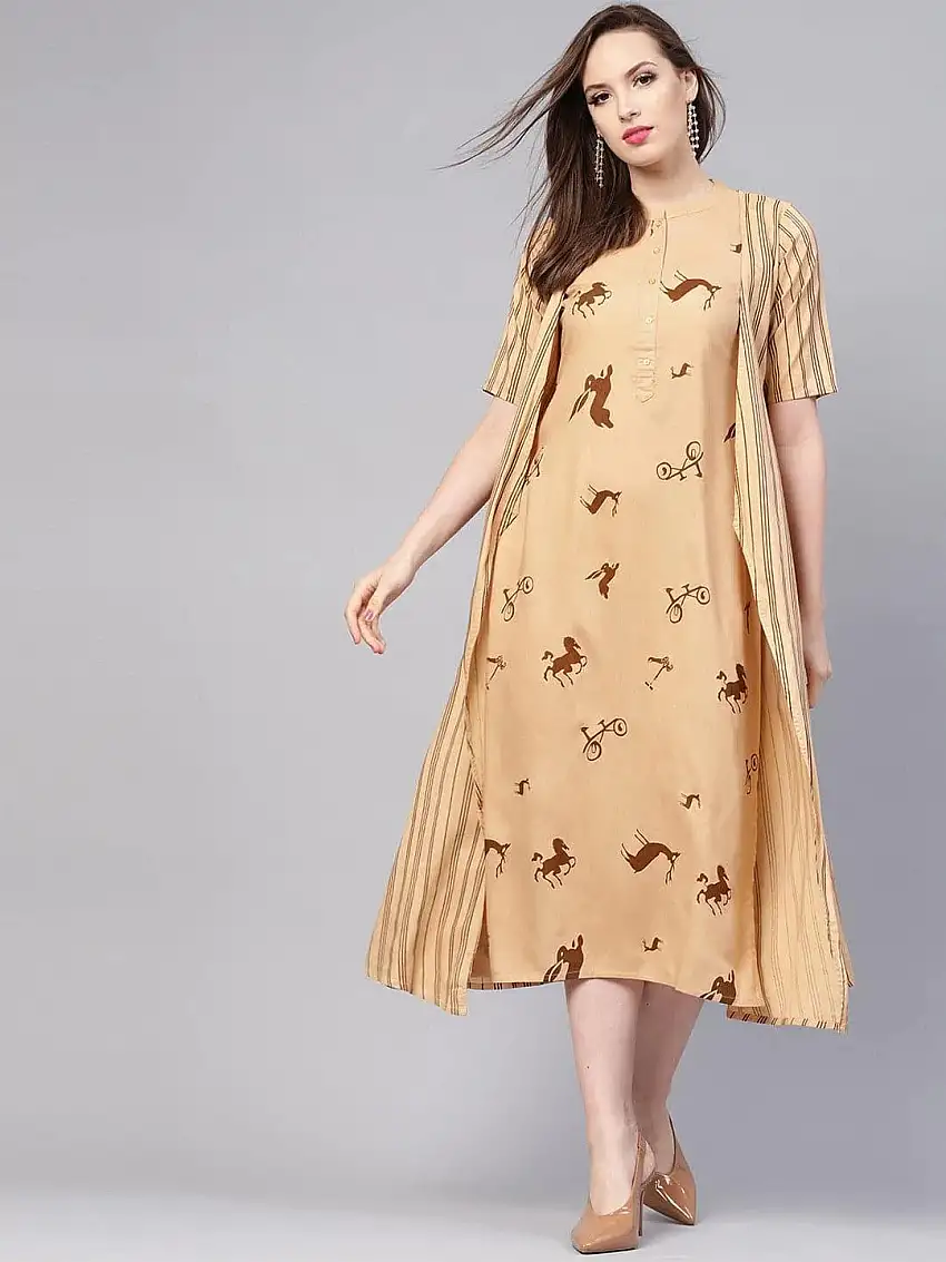 Beige Printed Rayon Dress With Jacket