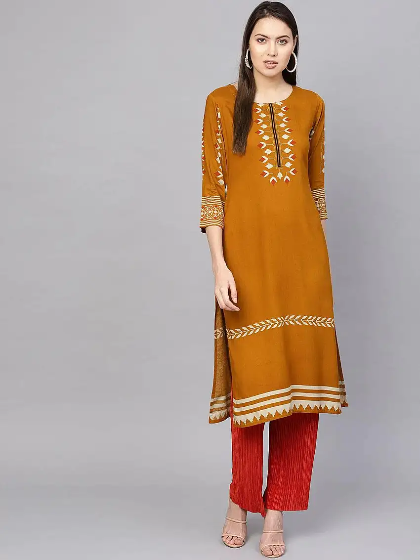 Yellow Printed Rayon Kurta