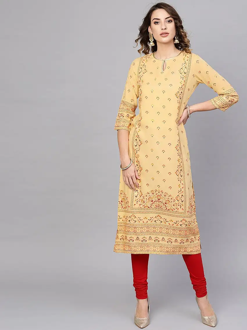 Yellow Printed Rayon Kurta