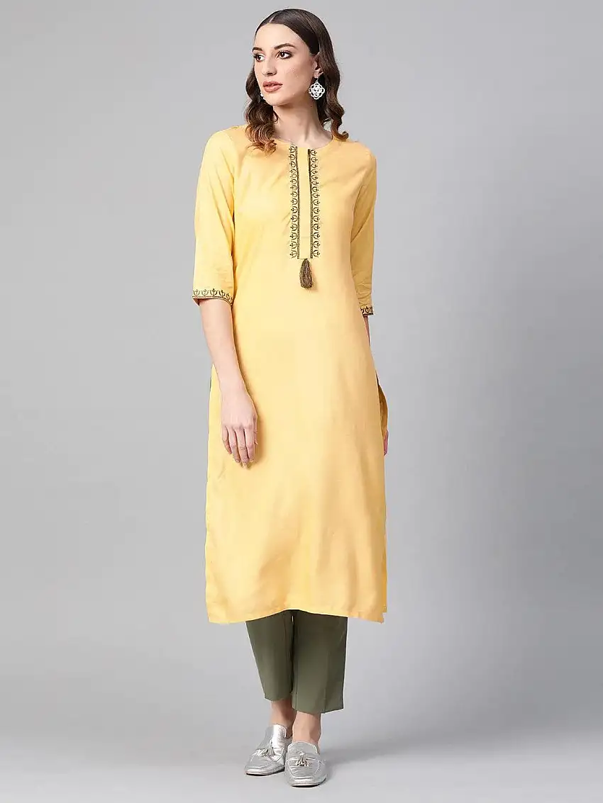 Yellow Printed Rayon Kurta