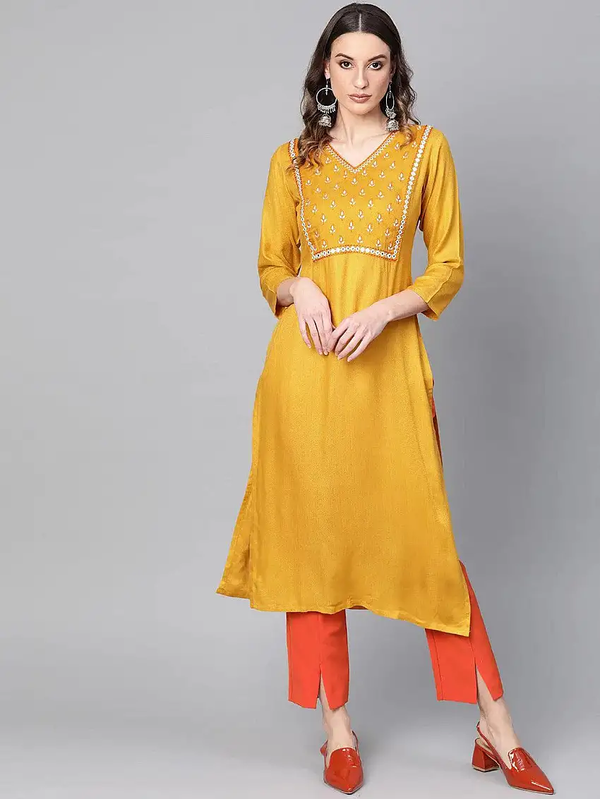 Yellow Printed Rayon Kurta