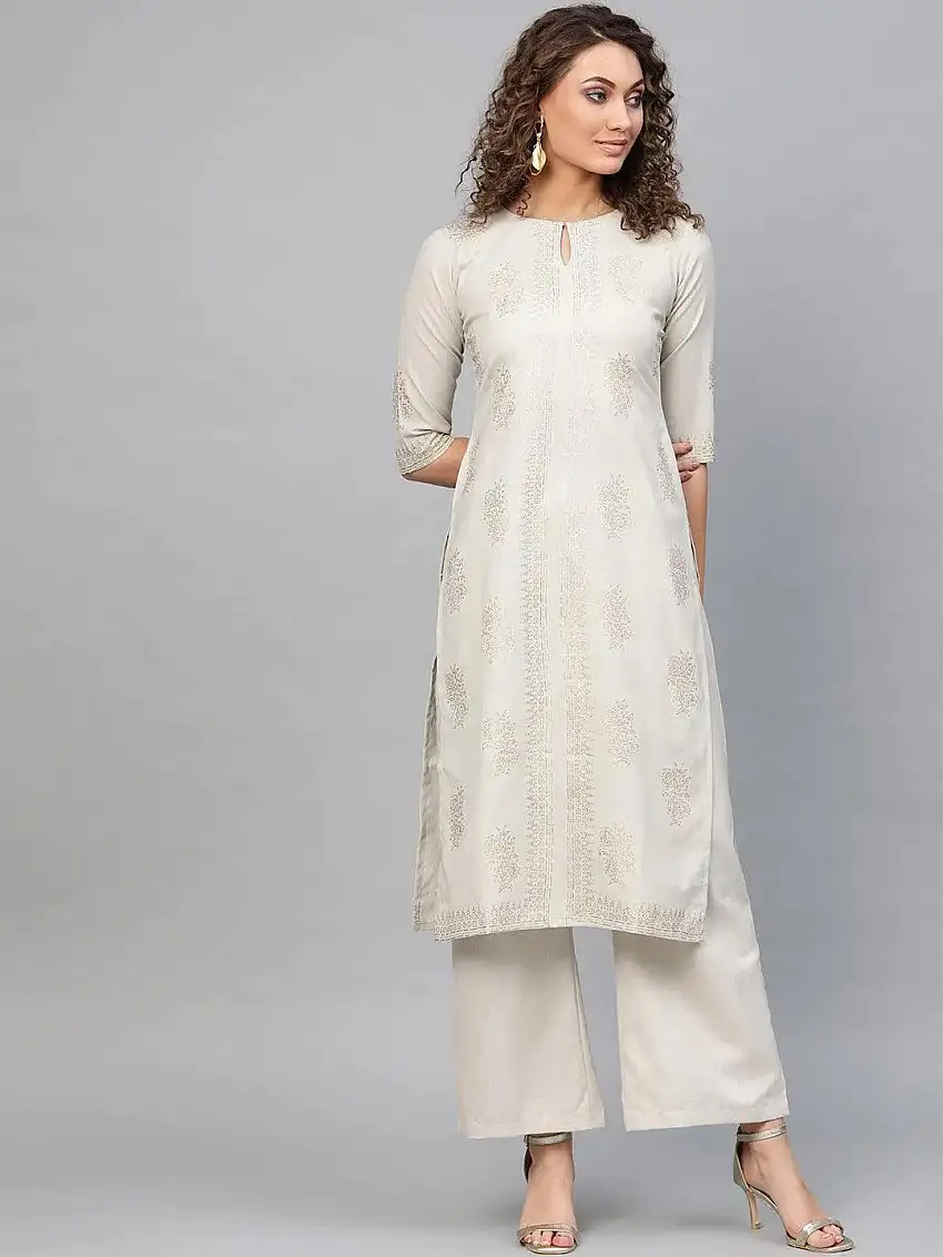 Beige Printed Cotton Kurta