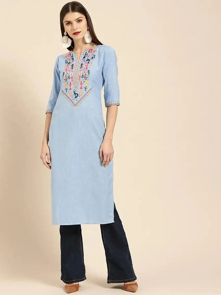 Blue Embroidered Linen Kurta