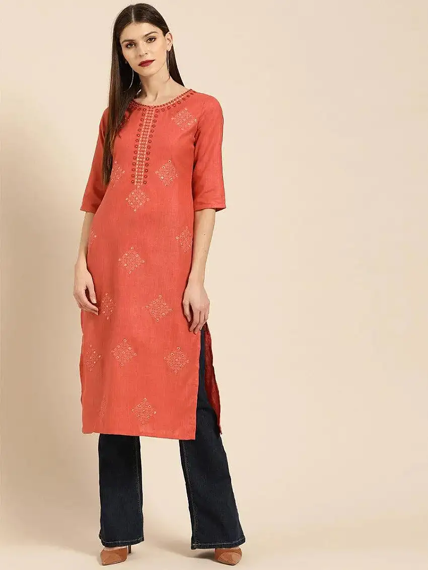 Rust Embroidered Linen Kurta