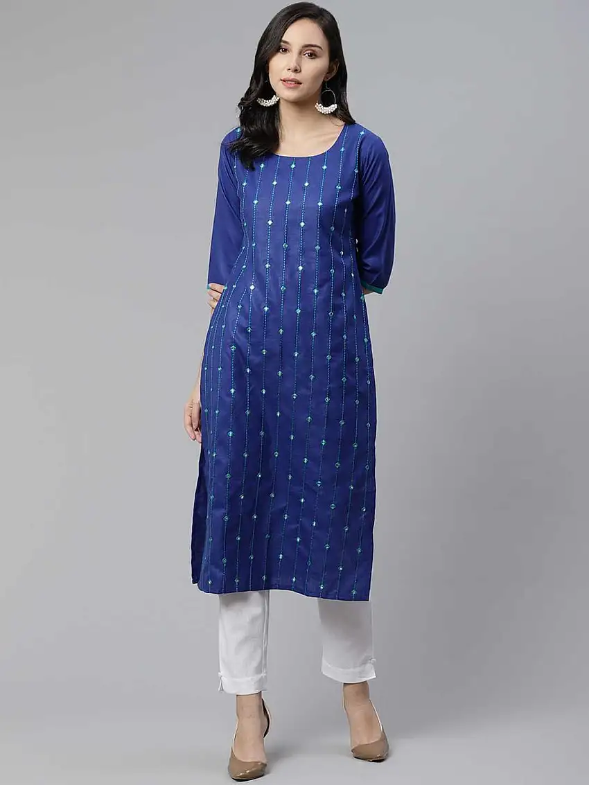 Blue Mirror Work Cotton Kurta