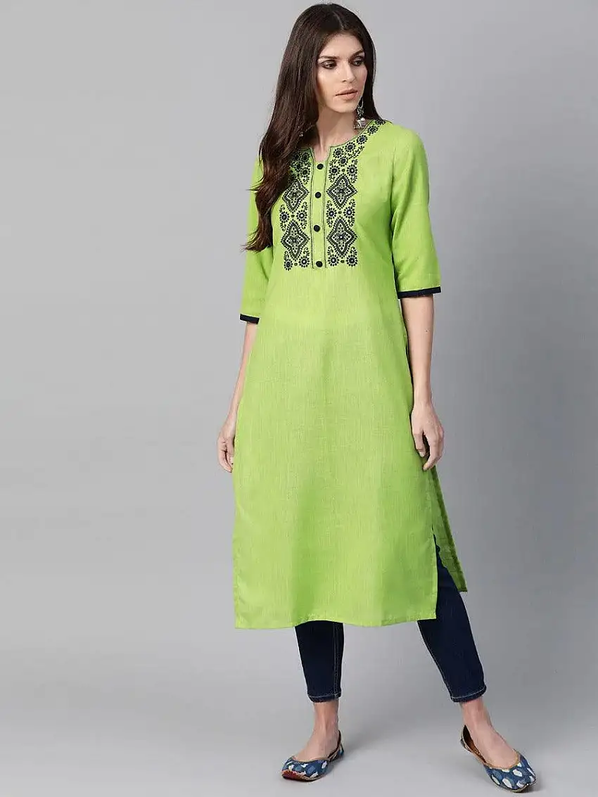 Green Embroidered Cotton Kurta