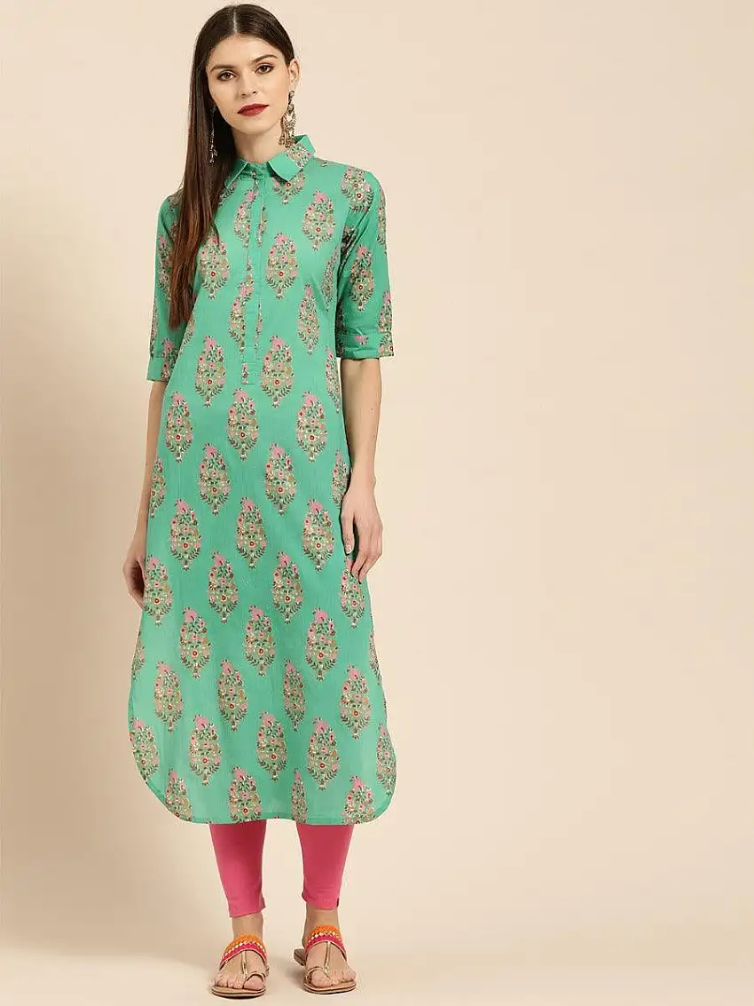 Sea Green Printed Cotton Kurta