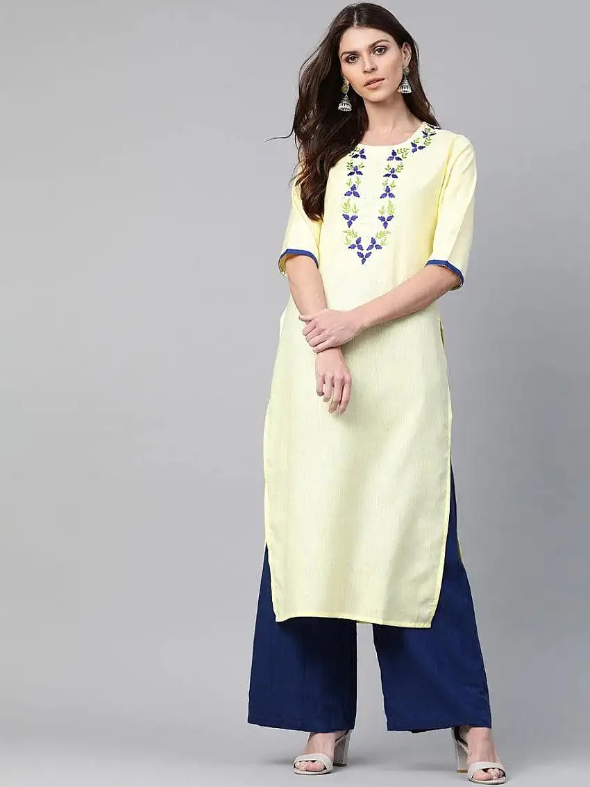 Yellow Embroidered Linen Kurta