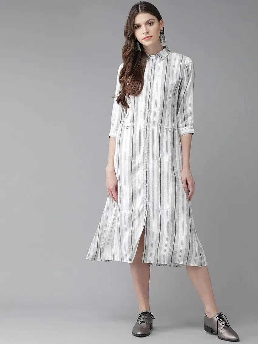 White Striped Rayon Dress