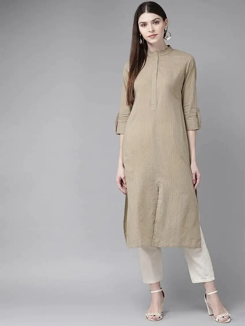 Taupe Striped Cotton Kurta