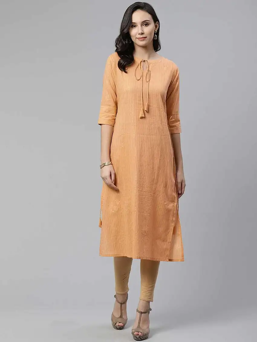 Beige Striped Cotton Kurta