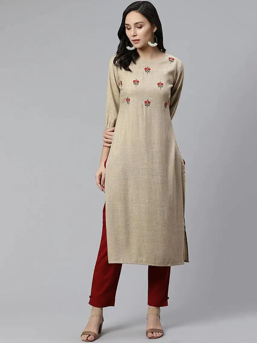 Beige Embroidered Rayon Kurta