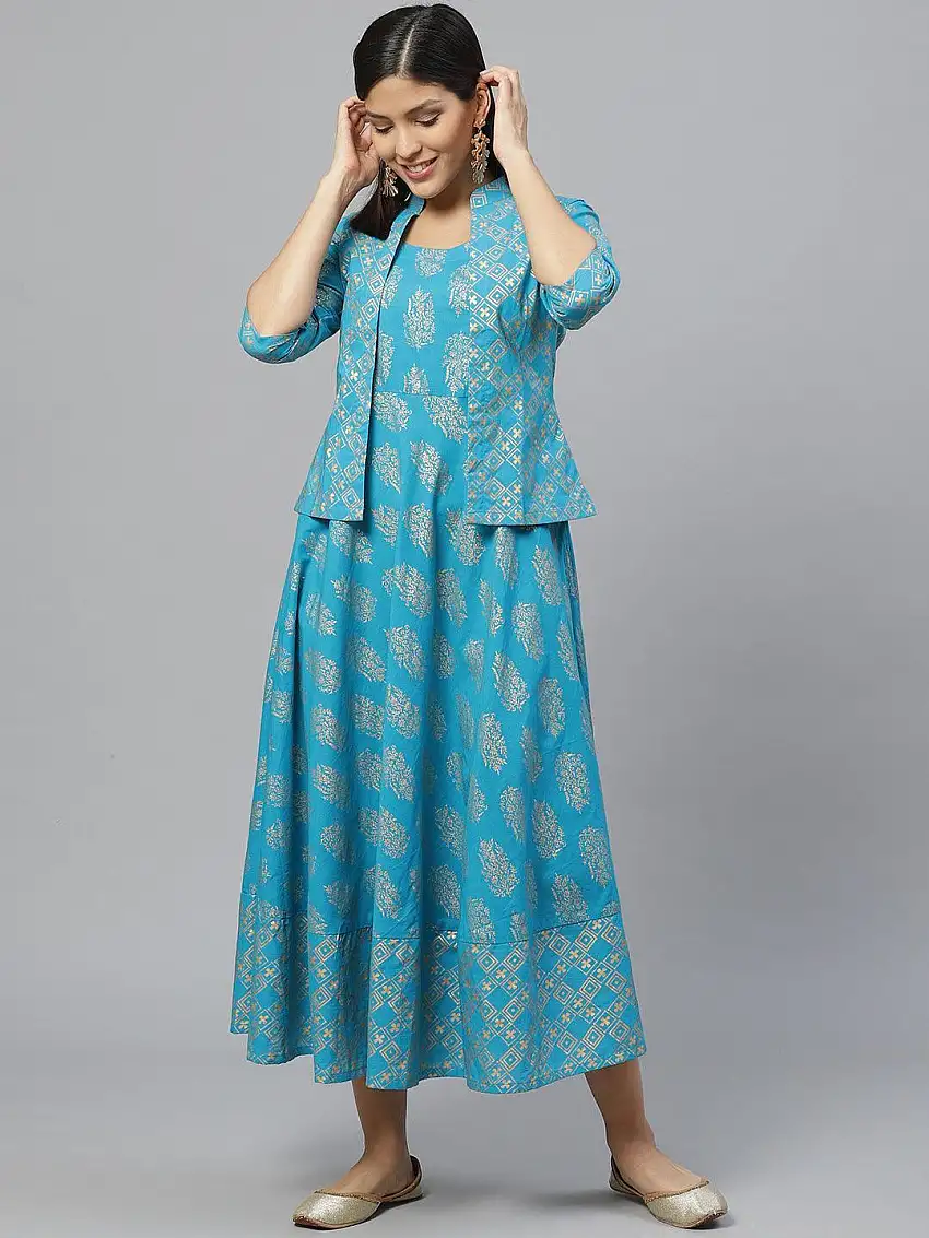 Blue Printed Rayon Jacket Dress With Mask