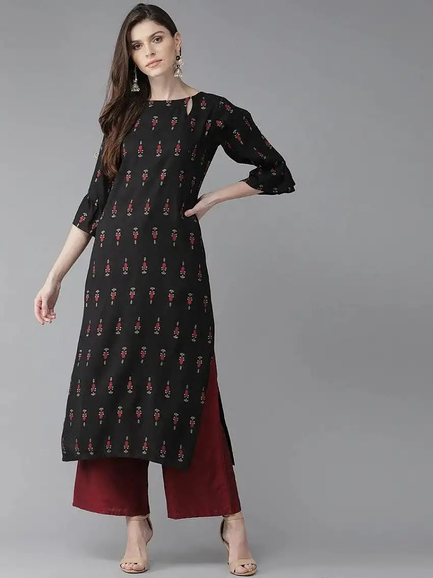 Black Printed Rayon Kurta
